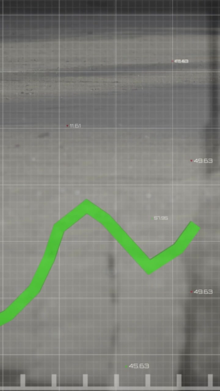 Animation of graph with multiple changing numbers over empty office in background