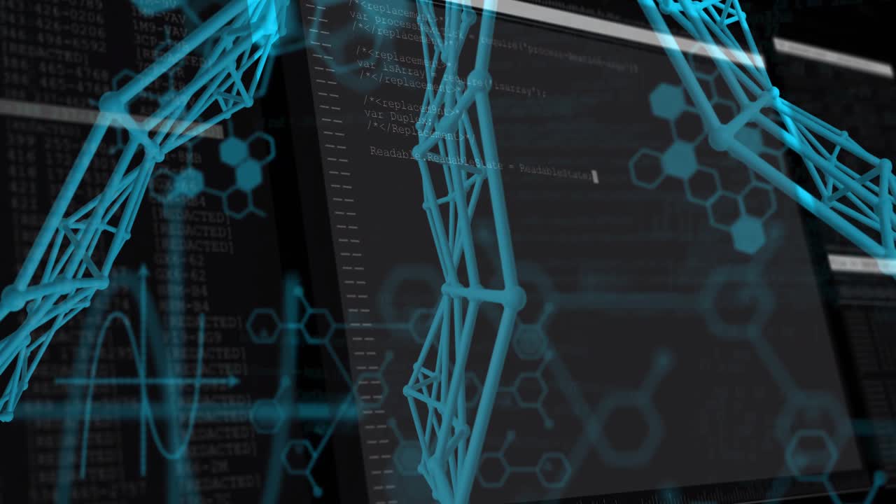 On opening cyan network rotating across frame as code scrolling, hexagons pulsing showing data flow