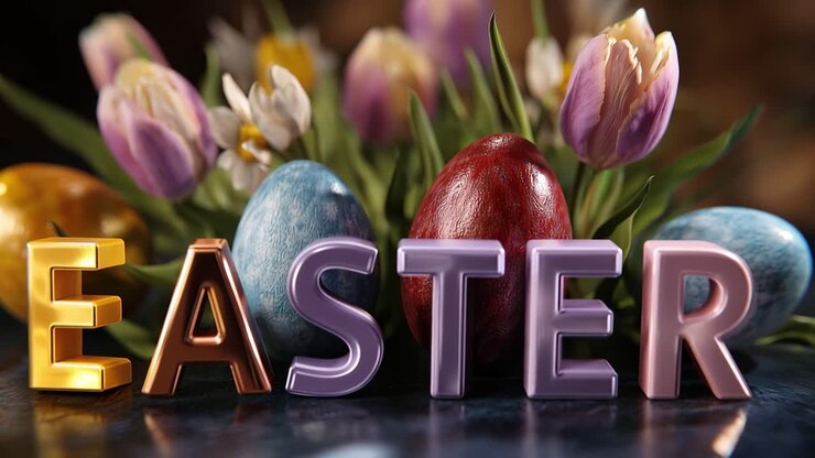 Easter letters glow warmly on a dark surface. Colorful eggs and tulips surround the festive word. Soft lighting highlights textures and vibrant hues. Scene exudes joyful, seasonal cheer