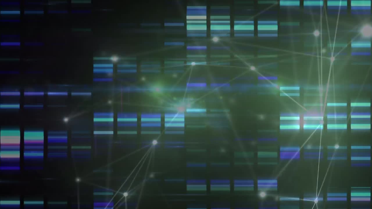 어두운 배경 위의 데이터 처리 및 연결 네트워크의 애니메이션