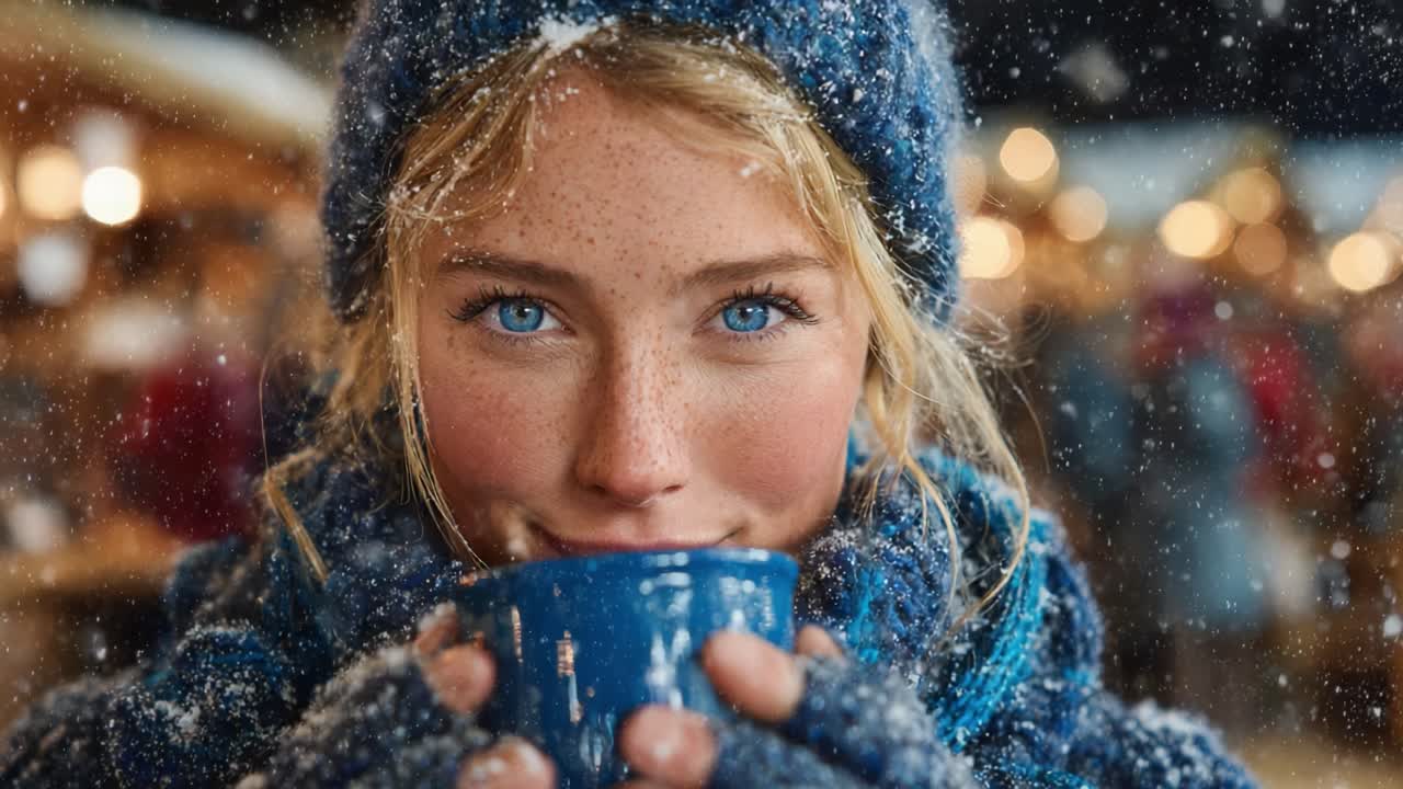 Una giovane ragazza accoglie calorosamente la stagione con una tazza blu accogliente, circondata da un paesaggio invernale incantato, evocando sensazioni di gioia e comfort in un'atmosfera innevata