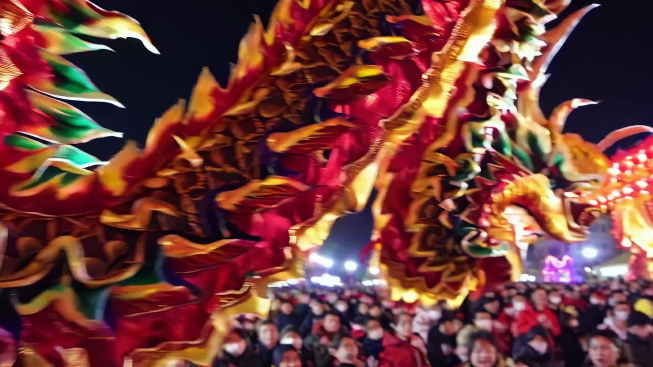 활기찬 중국 드래곤 의상 춤은 달 새해 축제 기간 동안 비는 야간 거리를 가로질러, 다채로운 에너지로 전통 문화 축제를 보여줍니다.