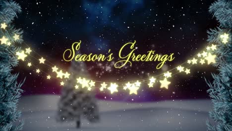 Animation-of-season's-greetings-with-christmas-fairy-lights-and-snow-falling-over-winter-landscape