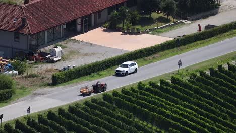 cars and tractor moving near vineyard in piedmont