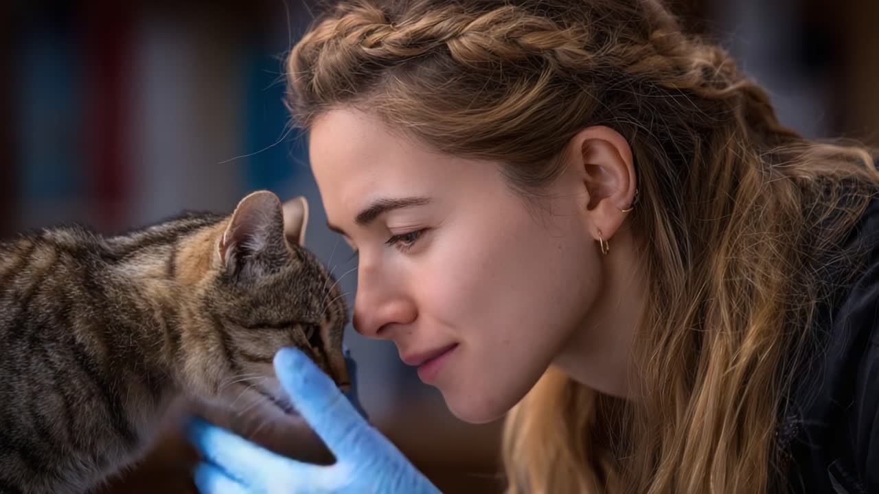 A tender moment of connection unfolds as a young woman gently interacts with a curious kitten, showcasing the bond between human and animal in an intimate setting