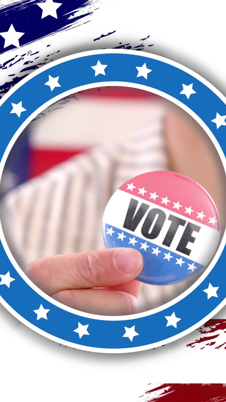 Animation of caucasian hand holding vote badge with american flag elements on white background