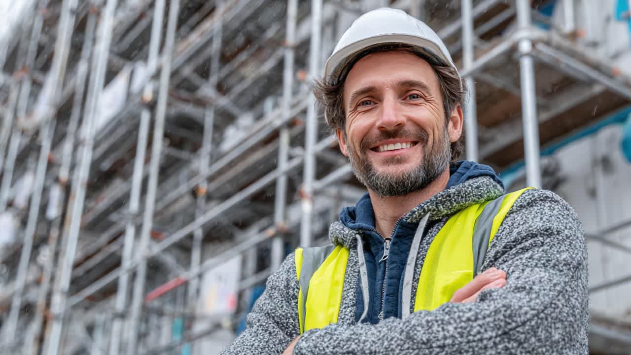 Confident Construction Worker Smiling Against a Backdrop of Scaffolding, Capturing the Spirit of Hard Work and Dedication in a Dynamic Building Environment