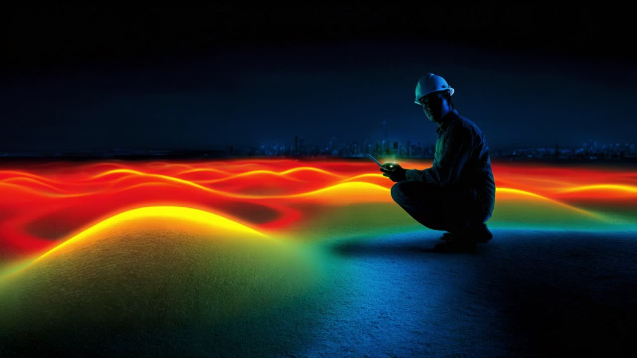 A lone figure in a hard hat examines vibrant, glowing terrain using a digital device, surrounded by surreal, illuminated waves of color in a nighttime setting
