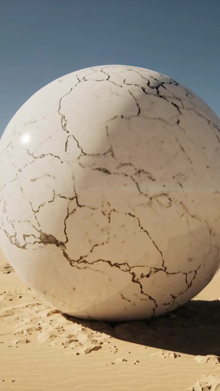 Vertical video: Panning camera right revealing marble sphere and showing sun glints on sand on play