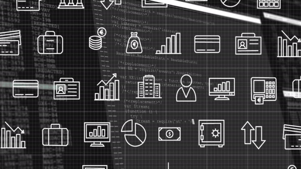 Animation of business icons over data processing on black background