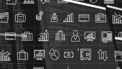 animación de iconos de negocios sobre el procesamiento de datos en fondo negro.