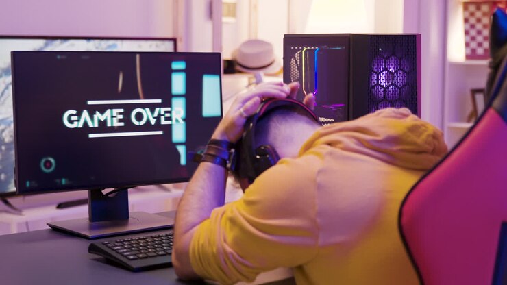Immagini di gaming che ritraggono un giocatore che gioca e una schermata di fine gioco