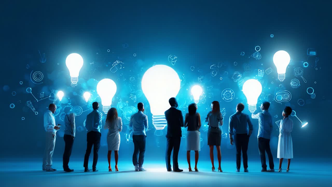 A Group of Professionals Gathered in a Darkened Space, Contemplating Innovative Ideas as Bright Light Bulbs Illuminate Their Thoughts and Inspire Creative Solutions for Future Endeavors