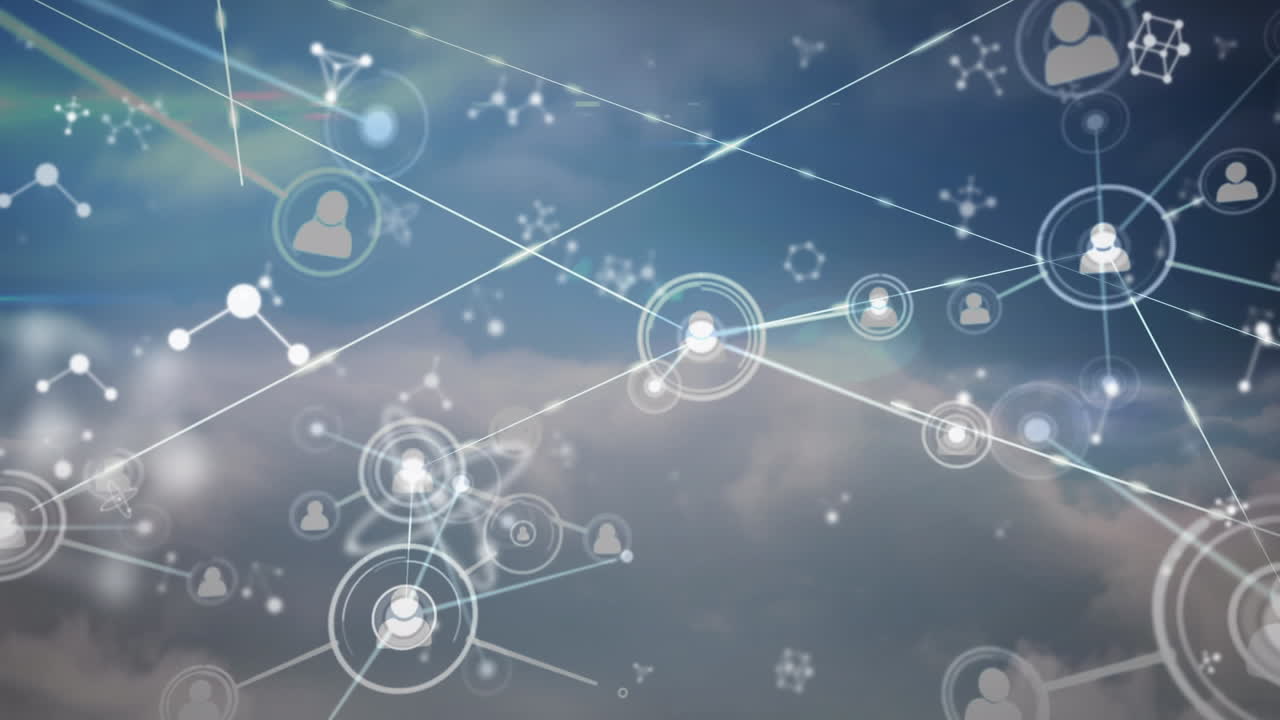 분자의 애니메이션과 전 세계 사람들의 아이콘과의 연결 네트워크