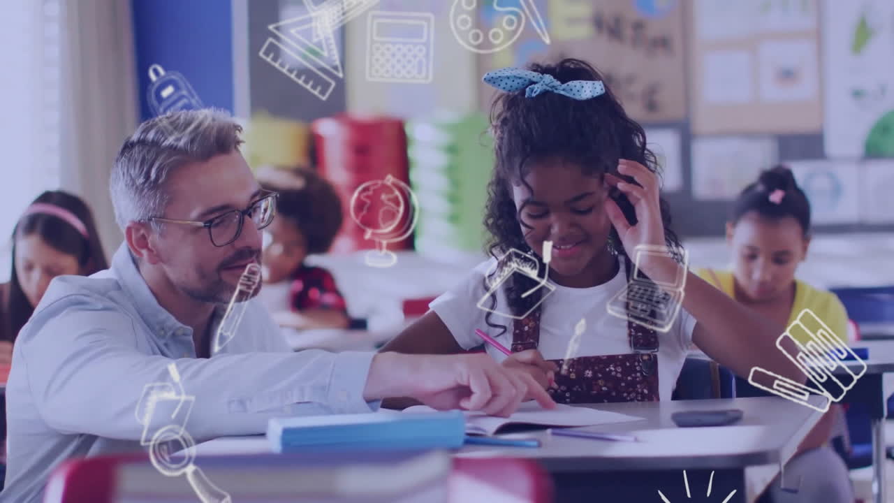 Animation of school icons over diverse male teacher and schoolchildren in classroom