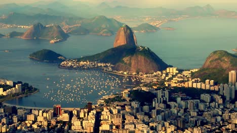 Postcard-Panoramic-view-of-Guanabara-Bay,-Sugar-Loaf-Mountain-and-Botafogo-seen-from-Christ-the-Redeemer,-Rio-De-Janeiro,-Brazil