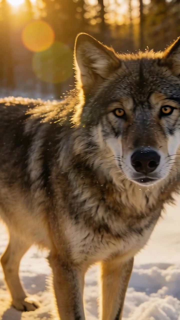 Vertical video: Stepping adult gray wolf turning head in snowy conifer forest, sun rim lighting fur