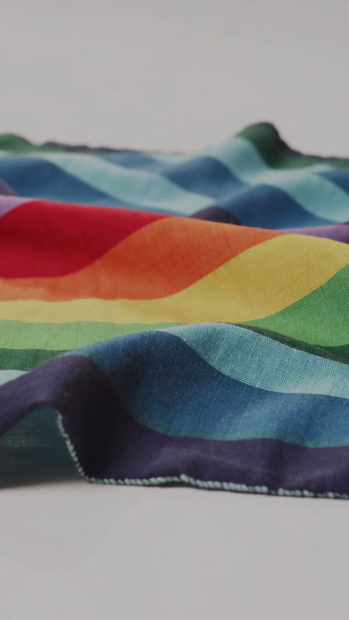 Vertical video: Moving folded fabric reacting to light on white table, rainbow bands stitched hem