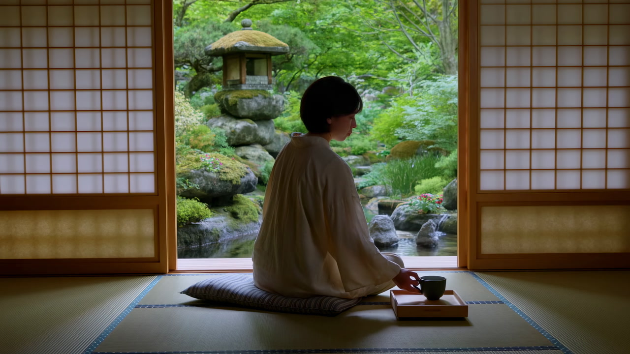 Asian Woman Meditating In Tatami Room With Shoji Screens, Kneeling On Cushion Beside Wooden Tray Holding Tea