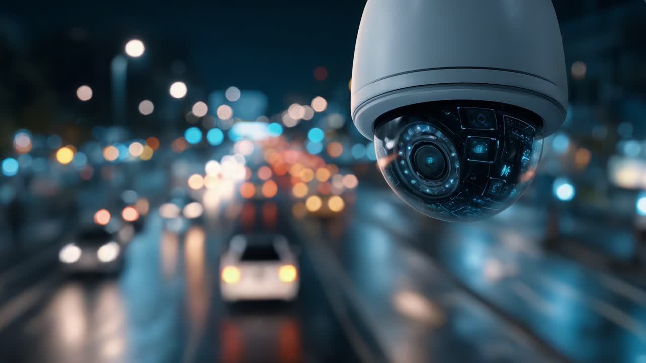 Telecamera di sorveglianza high-tech che monitora il traffico urbano di notte, con auto sfocate e lampioni che creano un'atmosfera dinamica della città