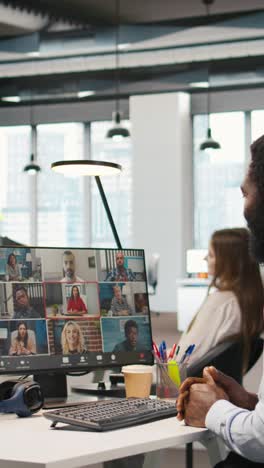 vertical video tech startup office team collaborating via videocall, doing brainstorming