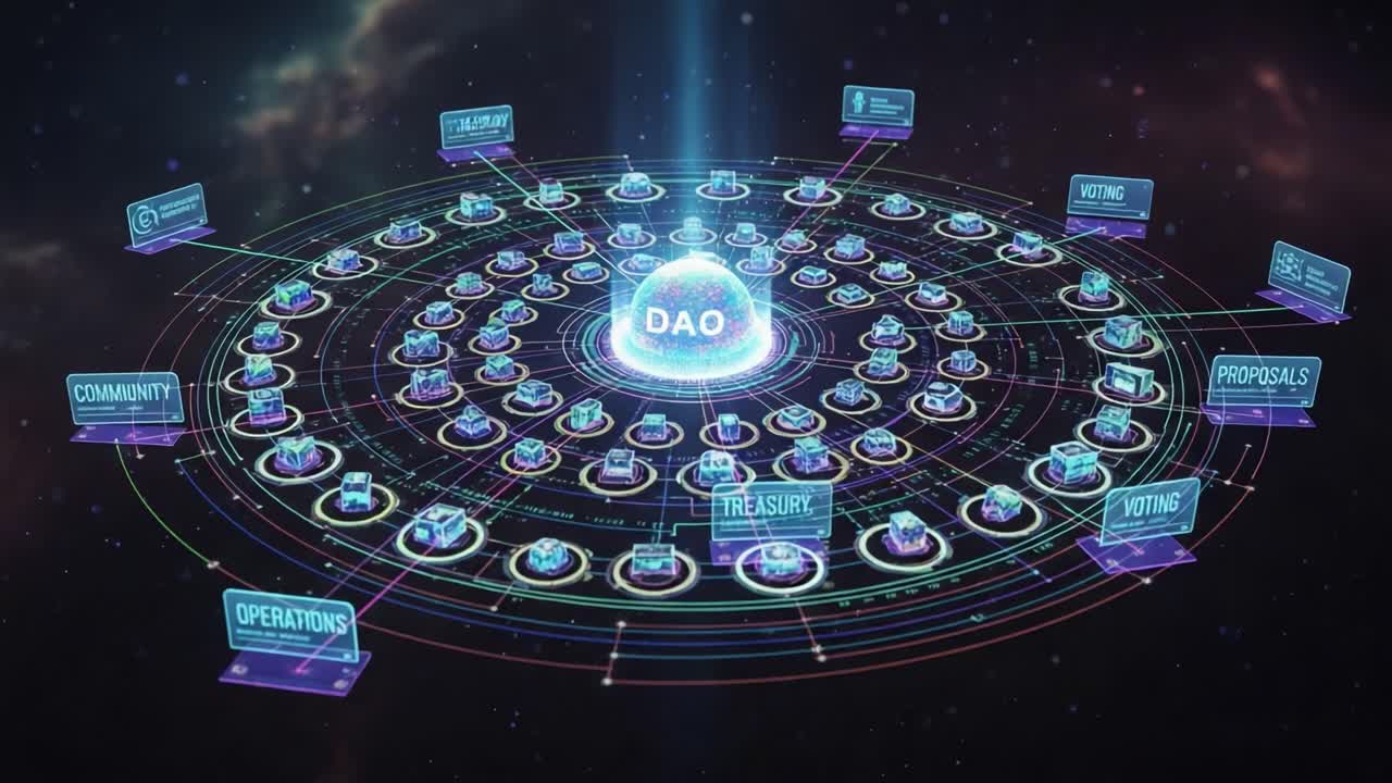Visual Representation of a Decentralized Autonomous Organization (DAO) Ecosystem: The Dynamic Structure and Interconnectivity of Community, Operations, and Governance Frameworks
