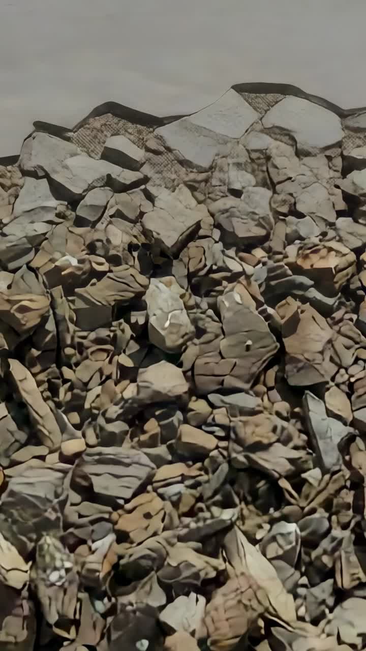 Vertikal video: Kamera trækker sig tilbage og afslører stenskred ved blottet klippe, der viser bredere ituslåede plader