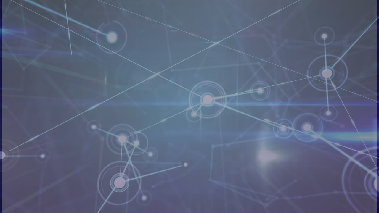 Animation of network of connections with glowing spots on blue background