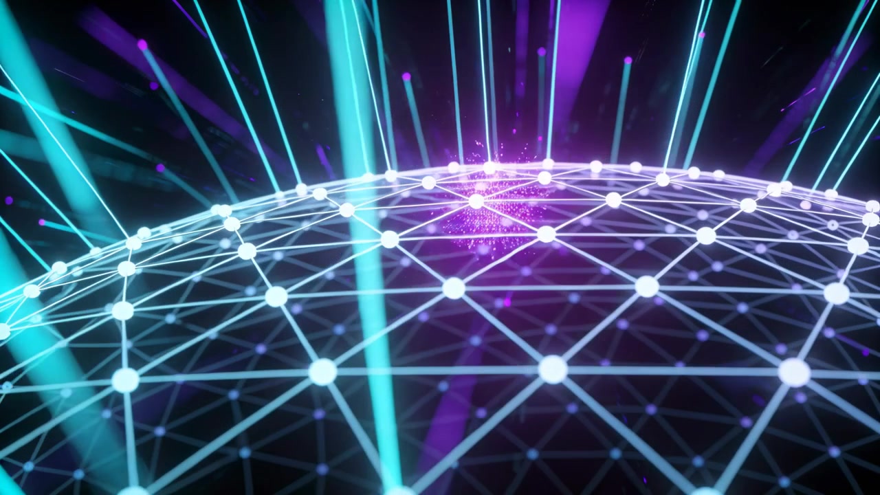 Moving camera low-angle revealing glowing dome grid in void, pulsing cyan beams, emphasizing depth