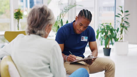 retirement, documents and a nurse talking to