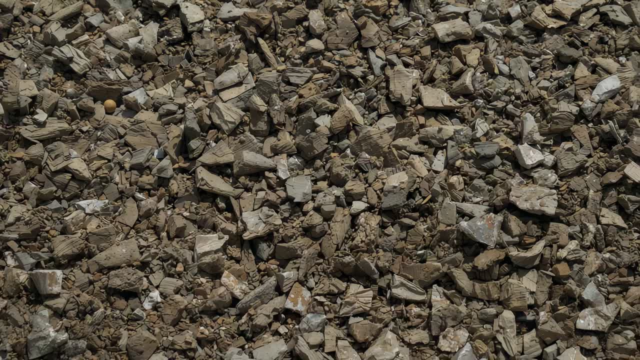 Panorering af kamera opad, afslører knust papbunke, beige kugler, betonafsats på losseplads