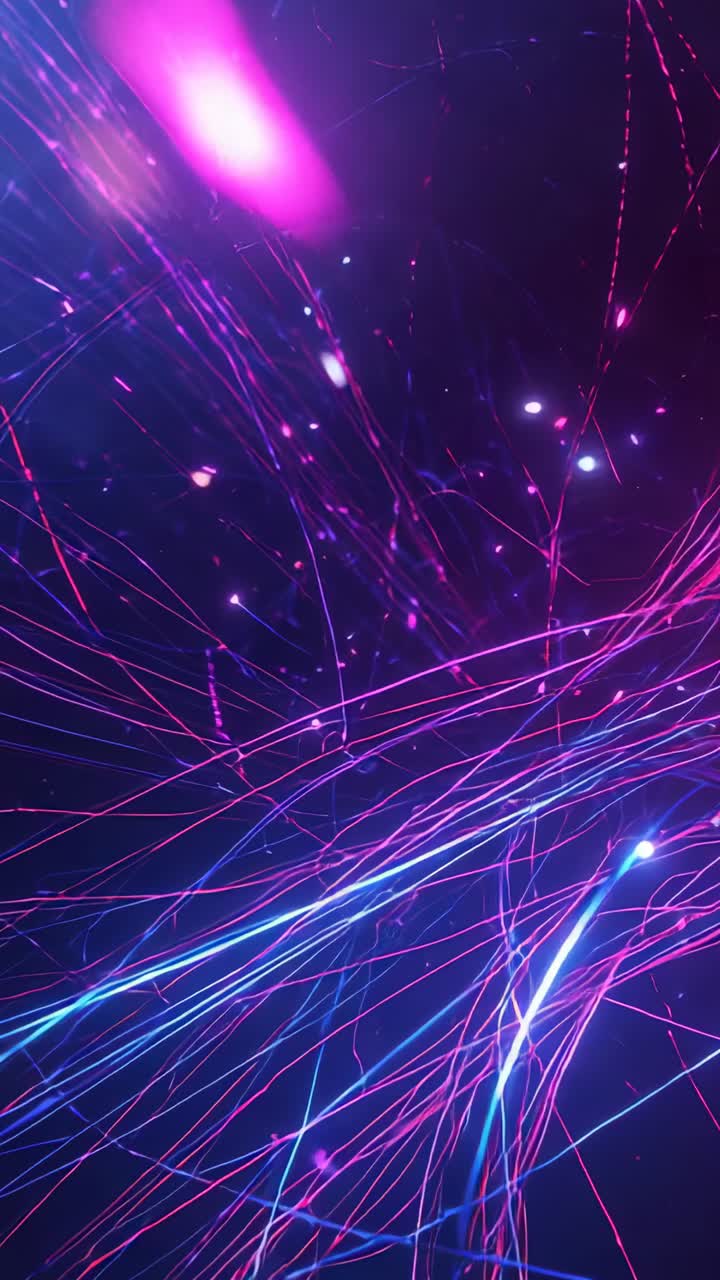Vertical video: Weaving pink blue neon streaks in digital space with magenta orbs scattering flecks