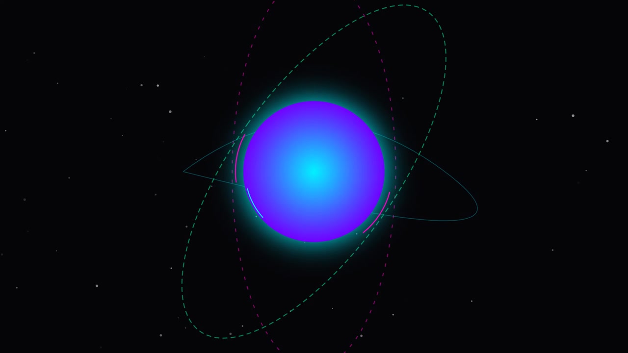 Esfera azul brillante abstracta con anillos orbitales giratorios