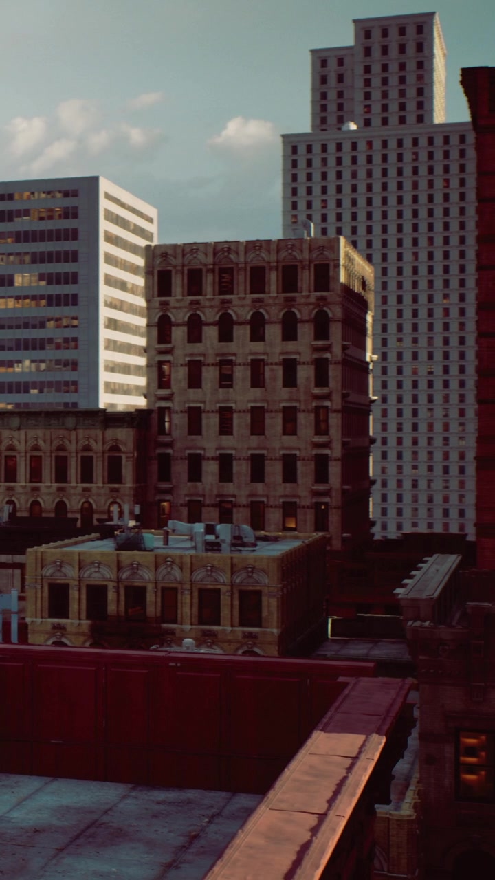 Edifici svettano in un paesaggio urbano al tramonto.