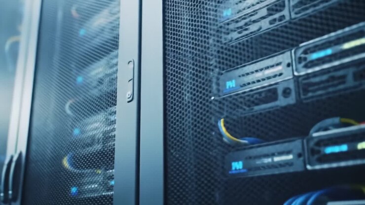 Data center ad alta tecnologia che mostra armadi server con hardware avanzato e soluzioni di connettività per una gestione ed elaborazione efficiente dei dati.