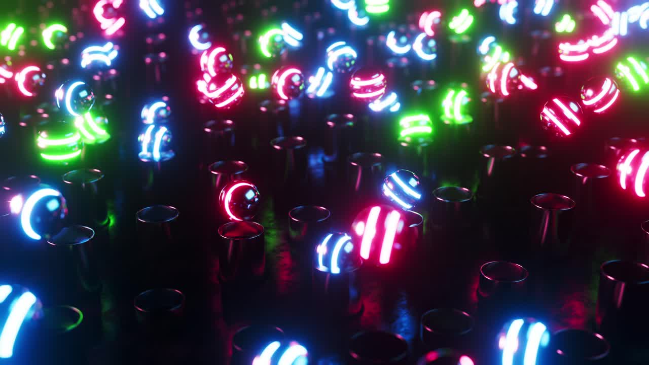 Moniväriset neonpallot pomppivat ulos putkista. Ikuisesti toistuva animaatio