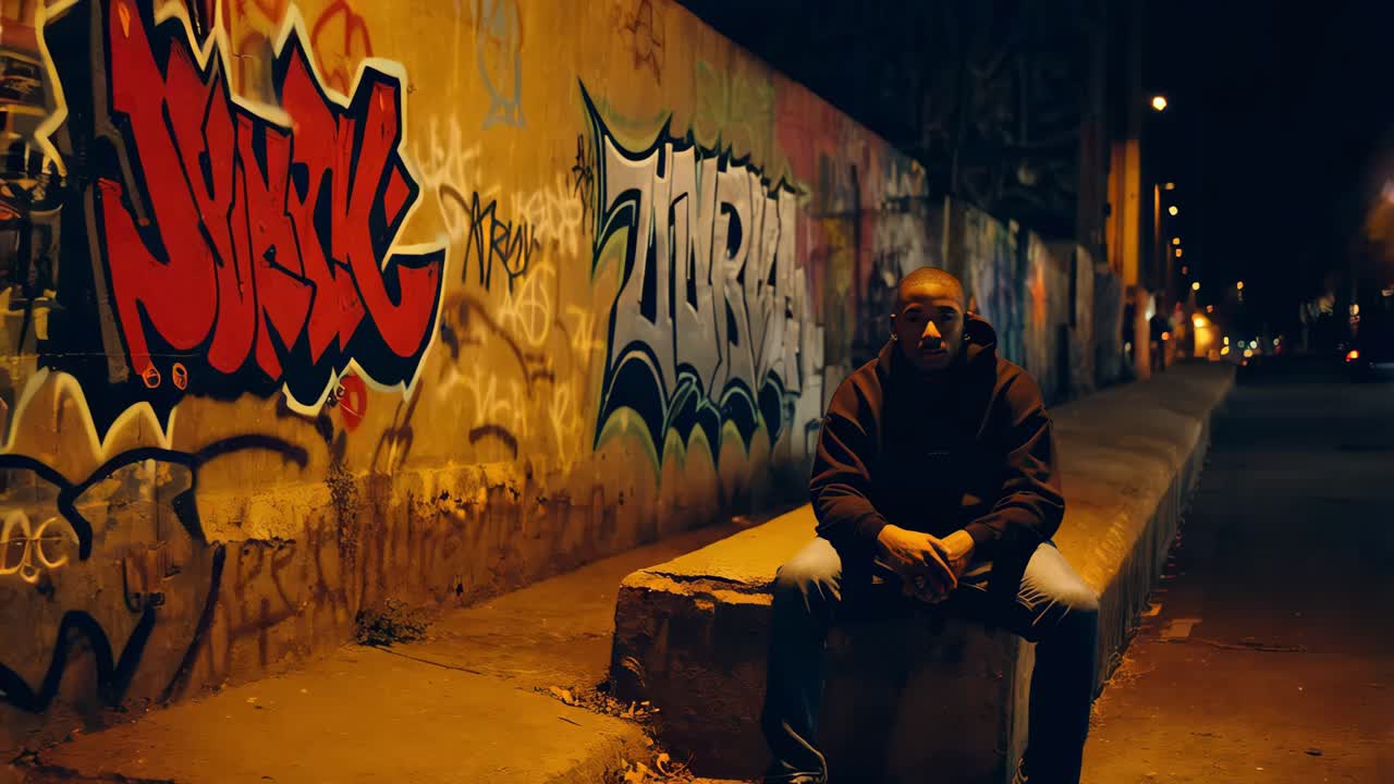 hombre sentado en un callejón urbano cubierto de graffiti por la noche