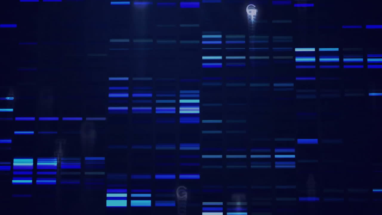 Animation of moving columns and data processing on black background