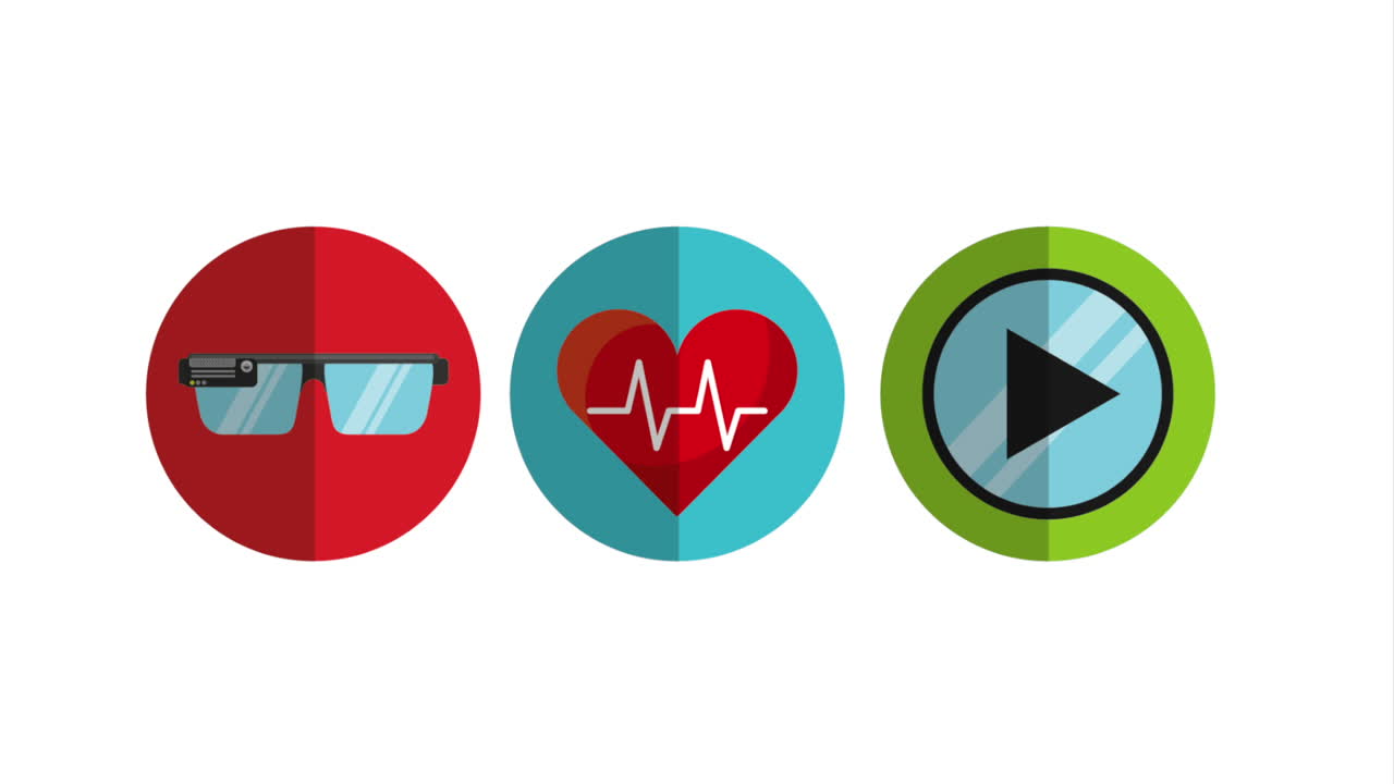 gafas de vr, monitor de ritmo cardíaco y iconos de botón de reproducción