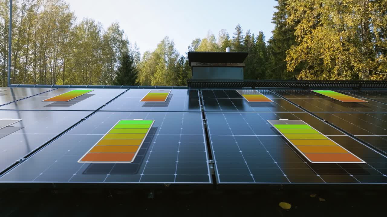 модули коллектора солнечного света на крыше поглощают энергию от солнца - анимация cgi