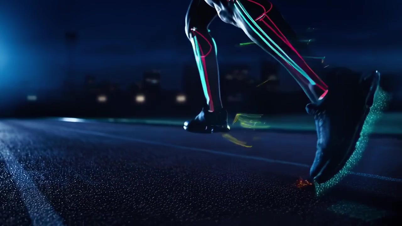 Athlete Running on a Track at Night with Glowing Biometric Data