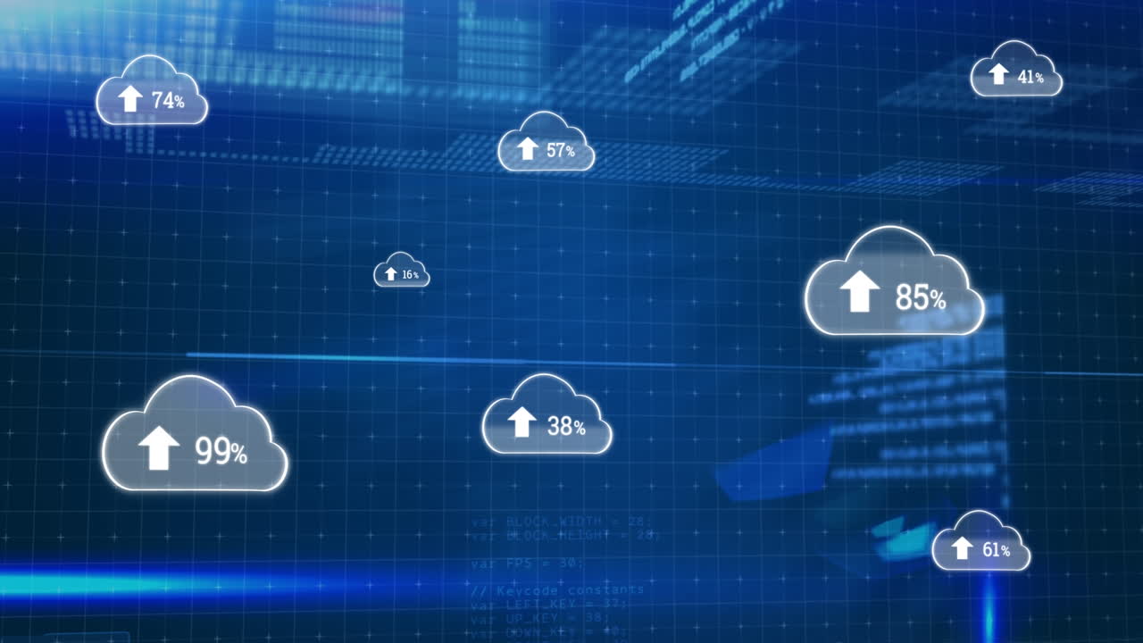 구름 아이콘의 애니메이션과 어두운 배경의 데이터 처리