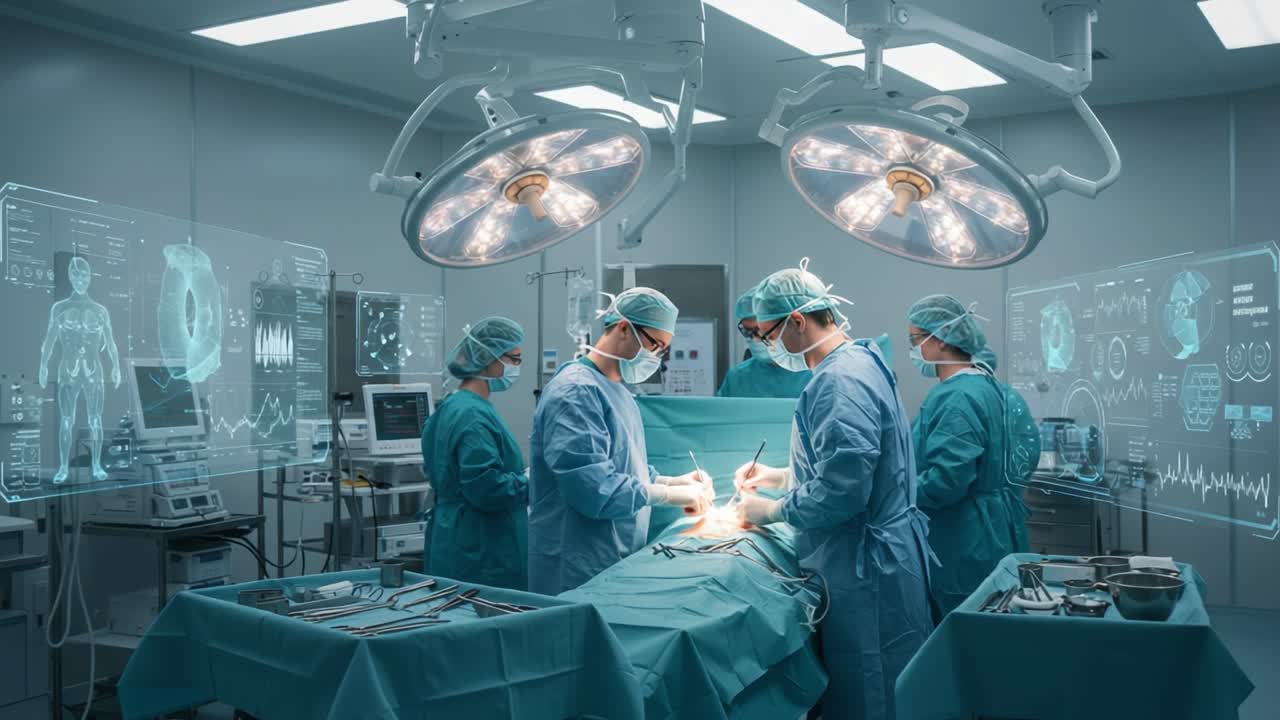 A Detailed Overview of a Surgical Procedure with Advanced Technology and Medical Professionals Collaborating in an Operating Room Setting