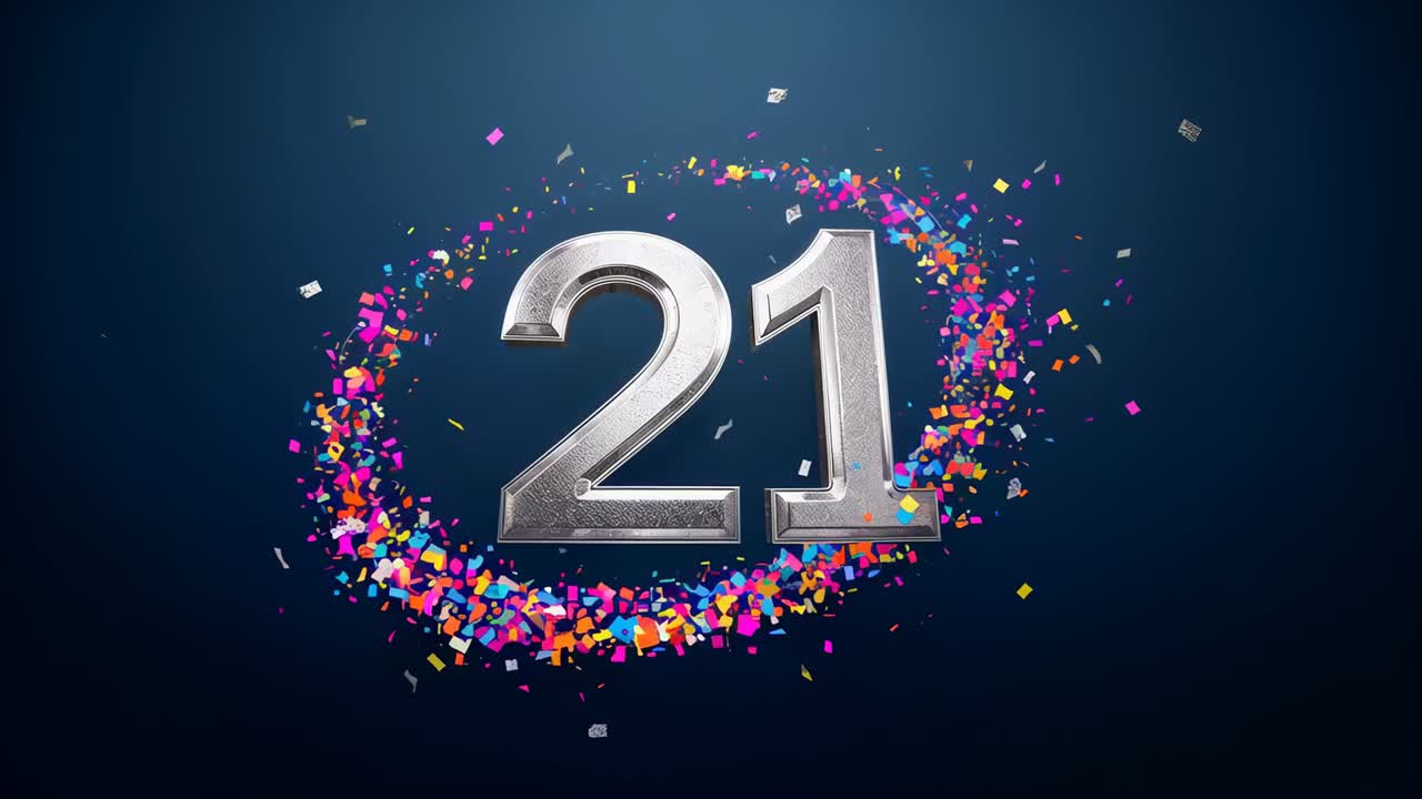 Intensifying particle ring encircling chrome 21 expanding purple halo on navy scattering confetti