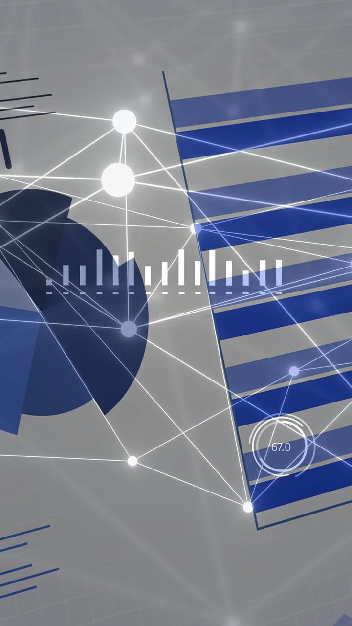Vertikal video: Netværkslinjer stiger, segmenteret cirkeldiagram og stribede søjler forbinder noder for at vise målinger