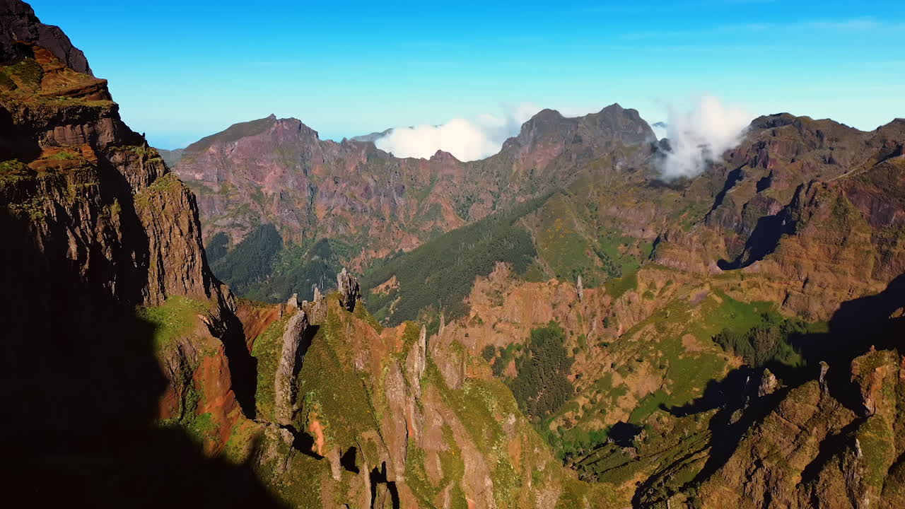 Footage in the huge rocks in Madeira, Portugal. Aerial perspective on the mountainous landscape of the island.