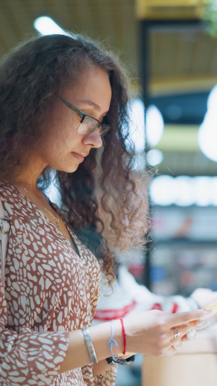 vista lateral de una mujer con ropa vintage de pie pensativa frente a una tienda, sosteniendo un artículo con contemplación, luces bokeh suaves crean una atmósfera cálida mientras otra persona está cerca