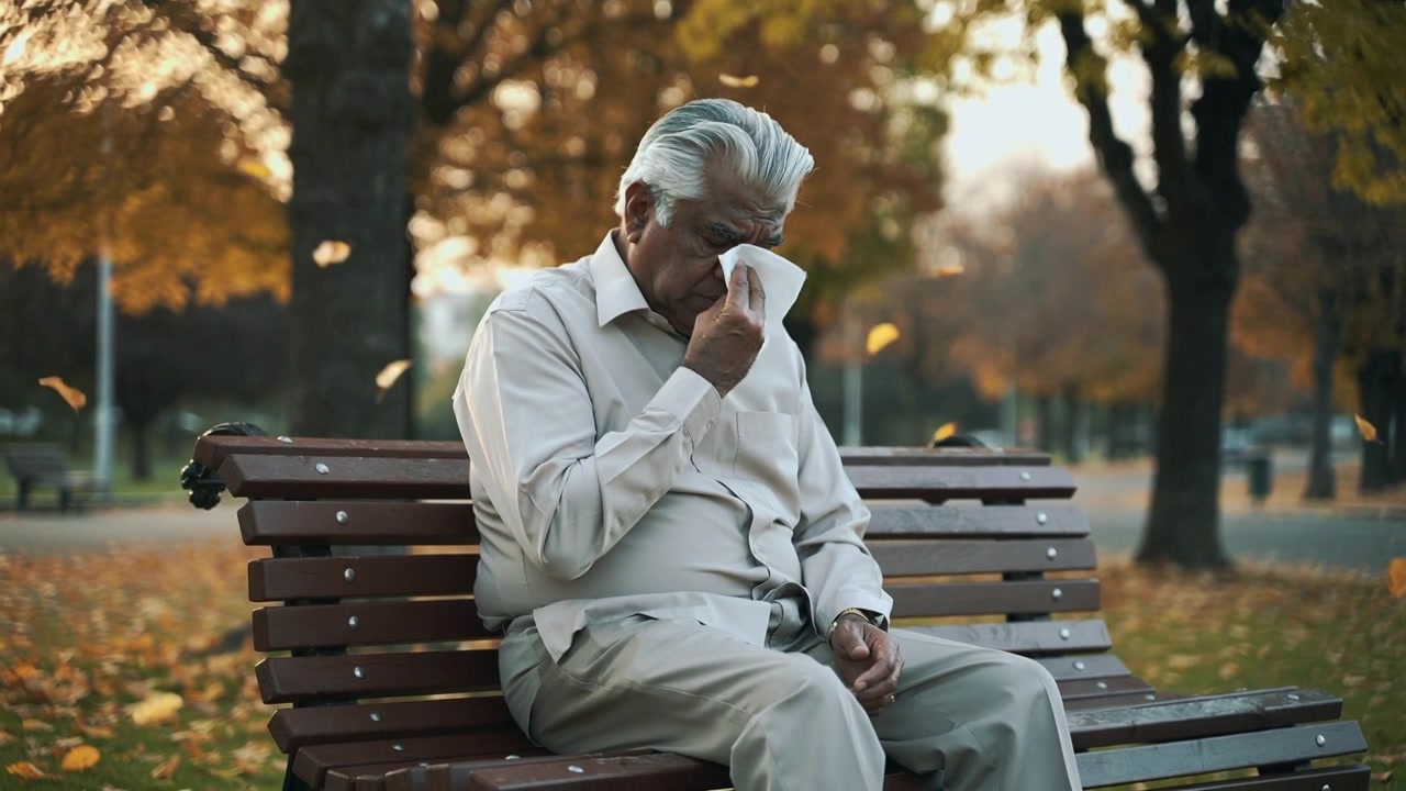 Reaching into pocket on park bench, Indian man in shirt dabbing eyes with handkerchief