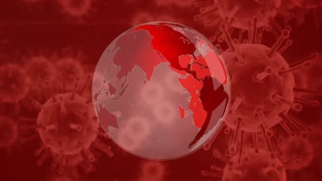 Animation-of-red-corona-virus-with-world-globe-in-background