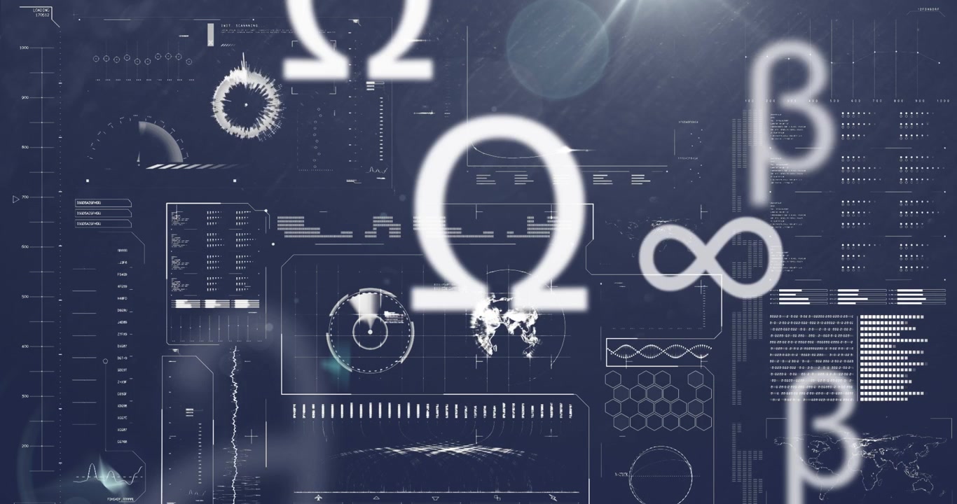 Animation of mathematical symbols over interface with data processing against blue background